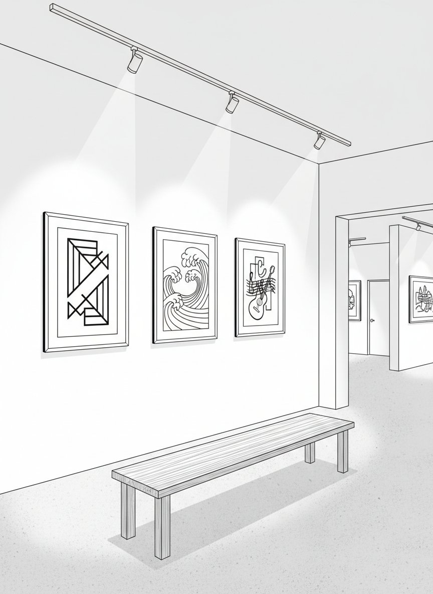 Black-and-white line-art scene of a modest independent gallery interior in Tijuana, featuring a long, unadorned bench facing a row of framed abstract artworks. The pieces show simplified geometric references to the city’s cultural life: waves for the coast, angular shapes for border architecture, and stylized musical notation. Bare concrete floors and simple white walls emphasize a non-corporate space dedicated to critical discussion. Overhead track lights, drawn as clean, minimal outlines, cast directional beams that create subtle linear shadows beneath the frames. The atmosphere is quiet, contemplative, and slightly austere, suitable for critical reviews and cultural analysis. The composition uses the rule of thirds, with a deep hallway receding into the background, suggesting ongoing exhibitions and a continuous flow of Tijuana art events.